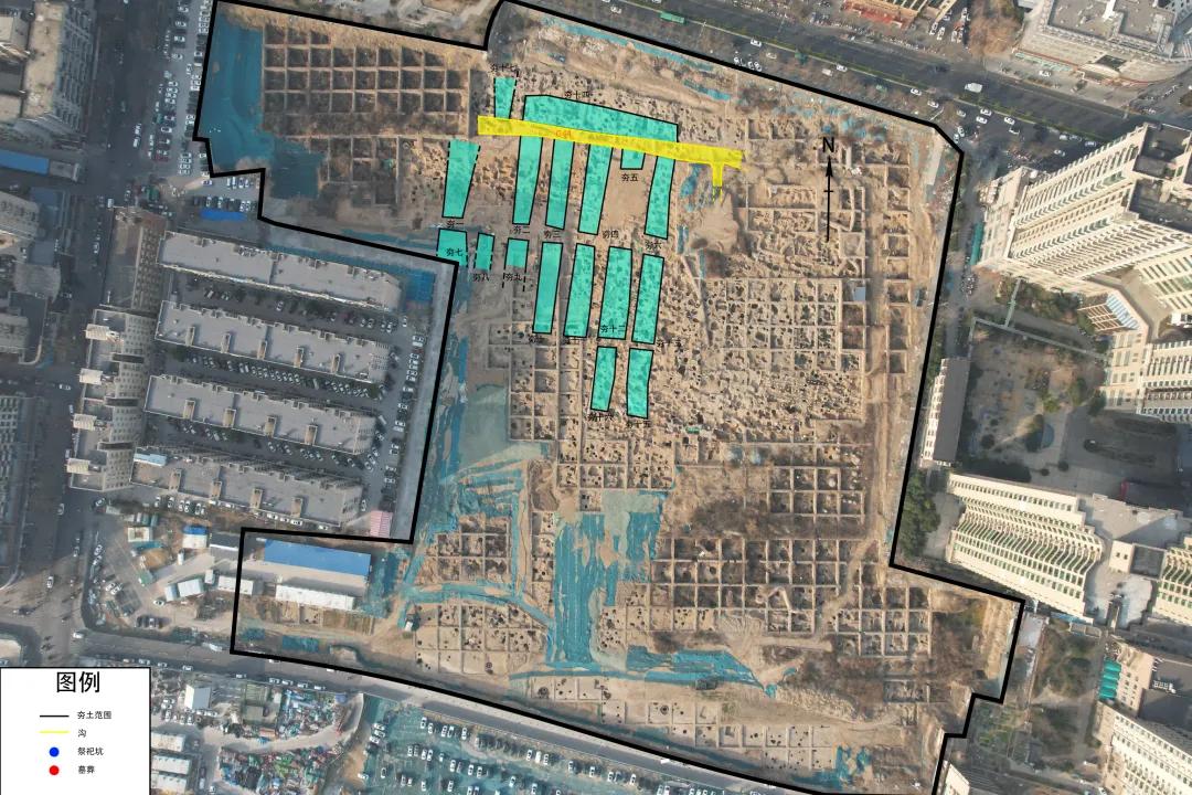 郑州商城书院街北片区二里岗文化时期夯土基址分布图。河南省文物考古研究院供图