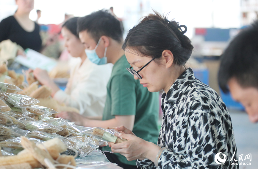 村民在制作丝瓜络产品。人民网 霍亚平摄
