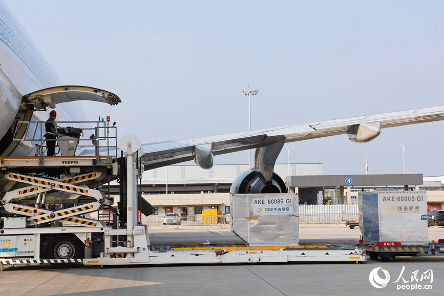 郑州新郑国际机场，货物运输一片繁忙。人民网 霍亚平摄