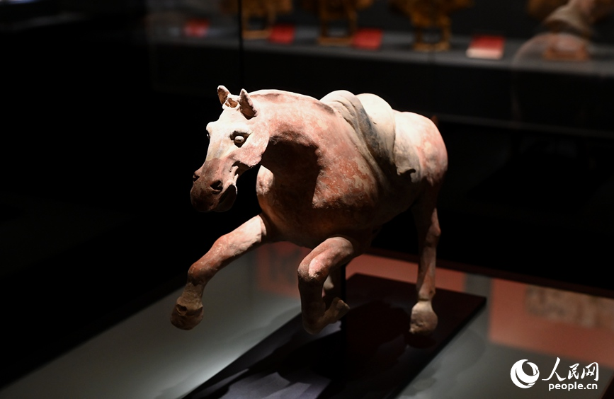 红陶彩绘起奔马俑（唐代）。人民网记者 王玉兴摄